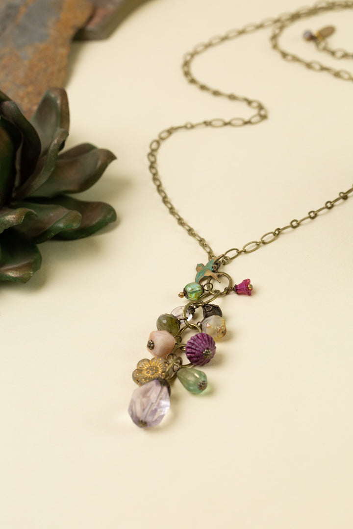 Wildflower 24-26" Czech Glass, Faceted Amethyst, Patina Sparrow, And Peach Moonstone Cluster Necklace