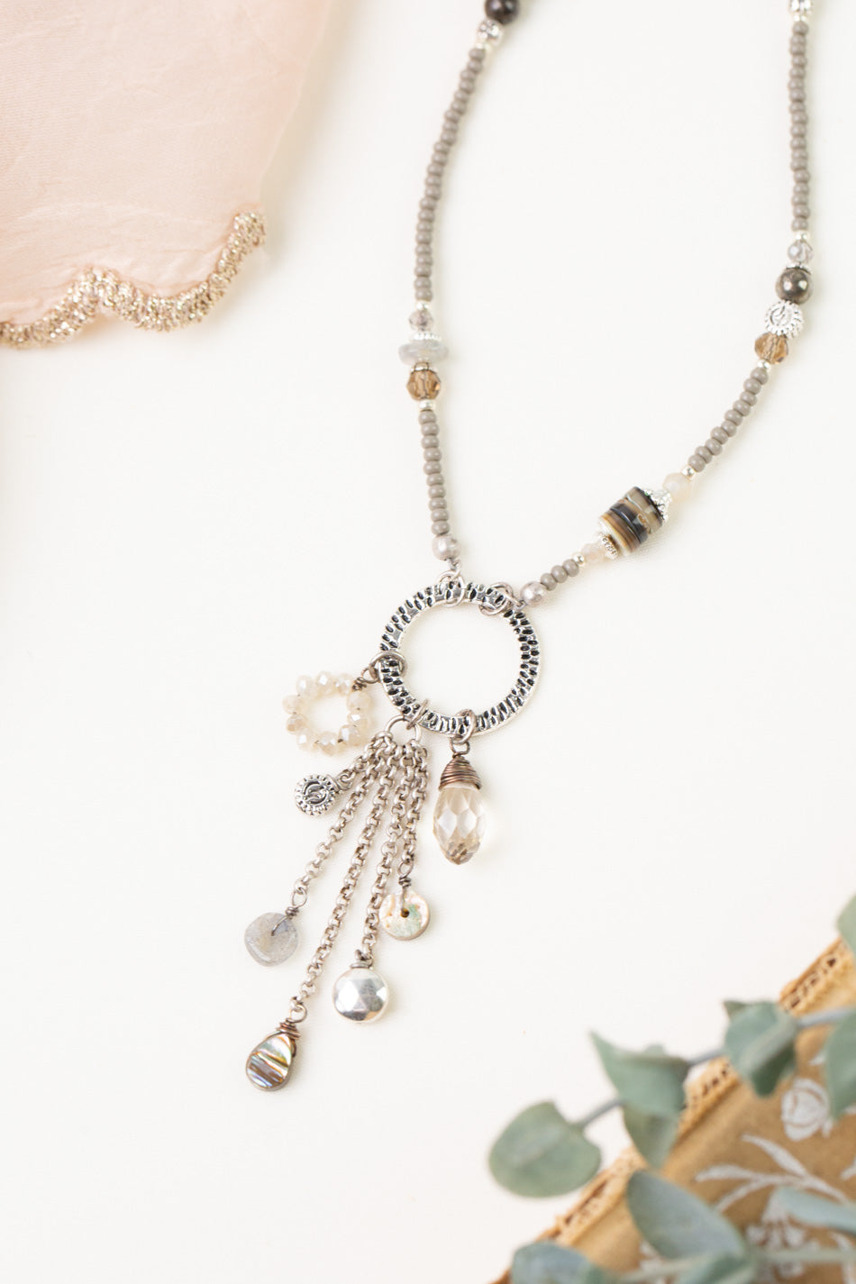 Windsor Castle 16-18" Pyrite, Crystal, Abalone Cluster Necklace