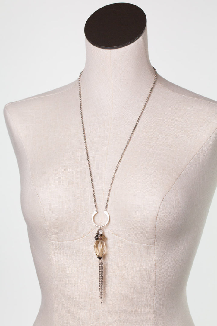 Windsor Castle 25.5-27.5" Labradorite, Pearl, Pyrite Tassel Necklace