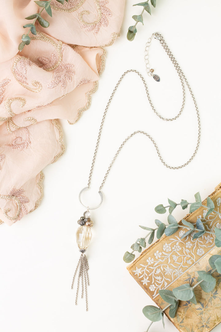Windsor Castle 25.5-27.5" Labradorite, Pearl, Pyrite Tassel Necklace