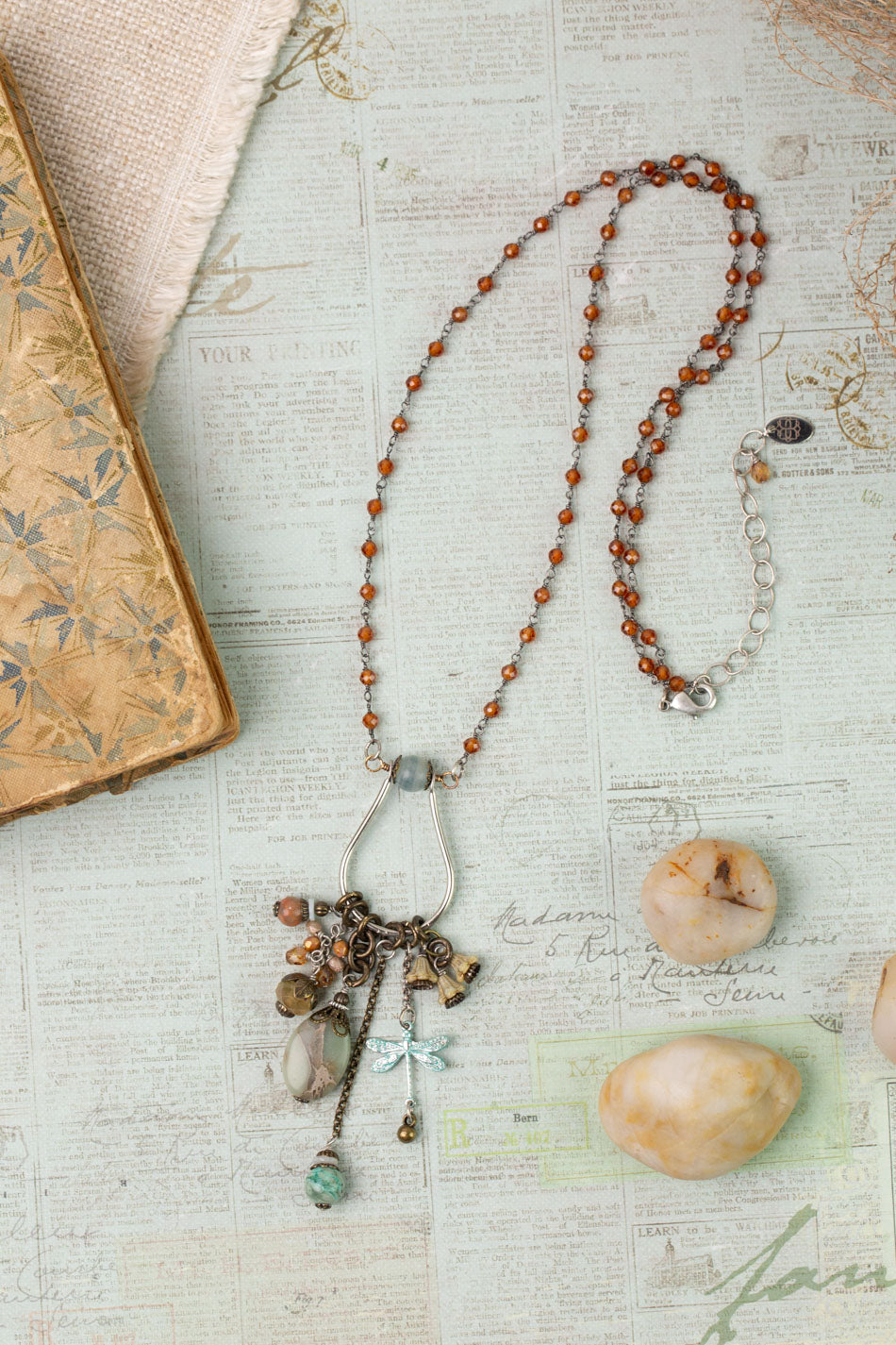 Wisdom Within 24-26" Hessonite Garnet With Peruvian Opal, Peruvian Turquoise, Czech Glass And Dragonfly Cluster Necklace