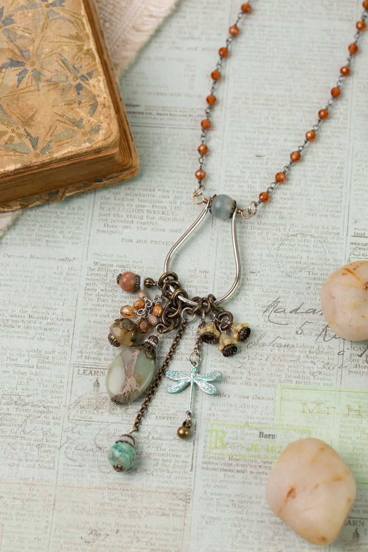 Wisdom Within 24-26" Hessonite Garnet With Peruvian Opal, Peruvian Turquoise, Czech Glass And Dragonfly Cluster Necklace