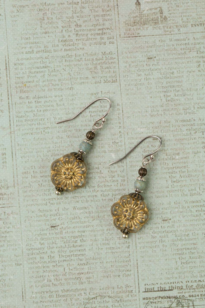 Wisdom Within Antique Brass With Czech Glass Sunflower With Gold Etching Simple Earrings