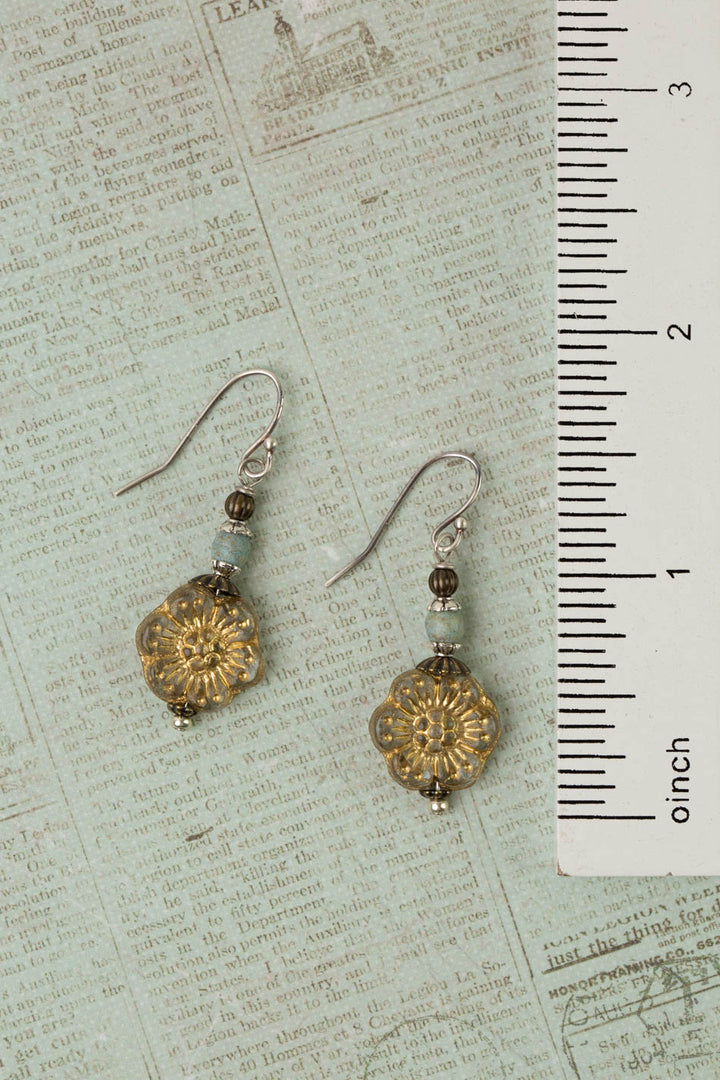 Wisdom Within Antique Brass With Czech Glass Sunflower With Gold Etching Simple Earrings