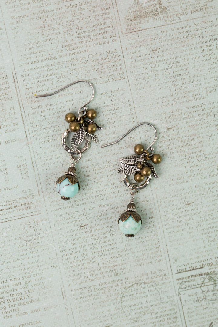 Wisdom Within Antique Silver Plated Brass Leaves With Peruvian Turquoise Cluster Earrings
