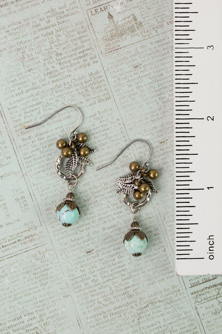 Wisdom Within Antique Silver Plated Brass Leaves With Peruvian Turquoise Cluster Earrings