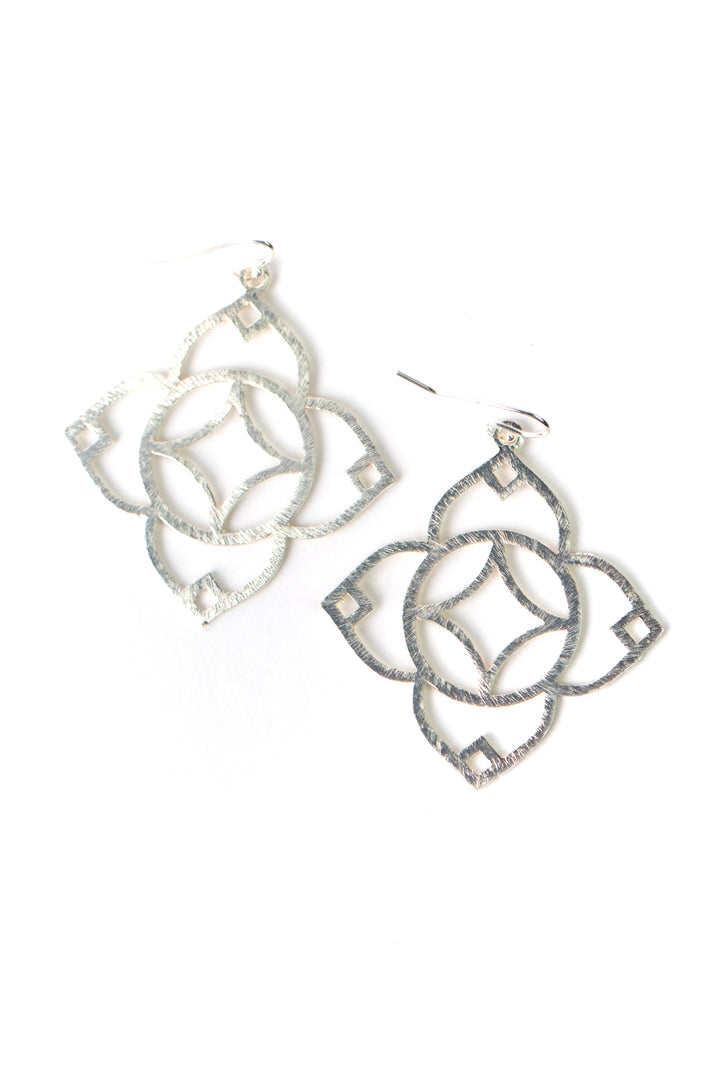 Brushed Silver Detailed Quatrefoil Statement Earrings