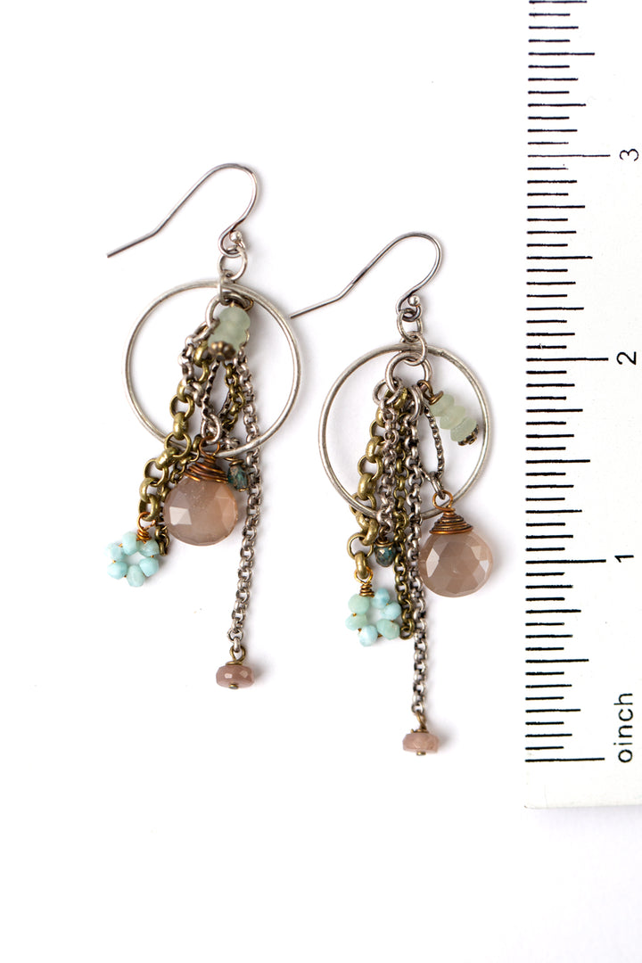 Courage Czech Glass, Larimar, Peach Moonstone Tassel Earrings