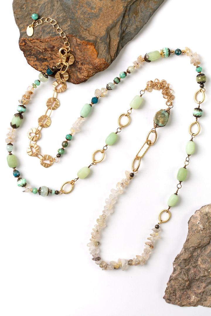 Heron 43.25-45.25" Neon Apatite, Chrysoprase, Golden Rutilated Quartz Collage Necklace