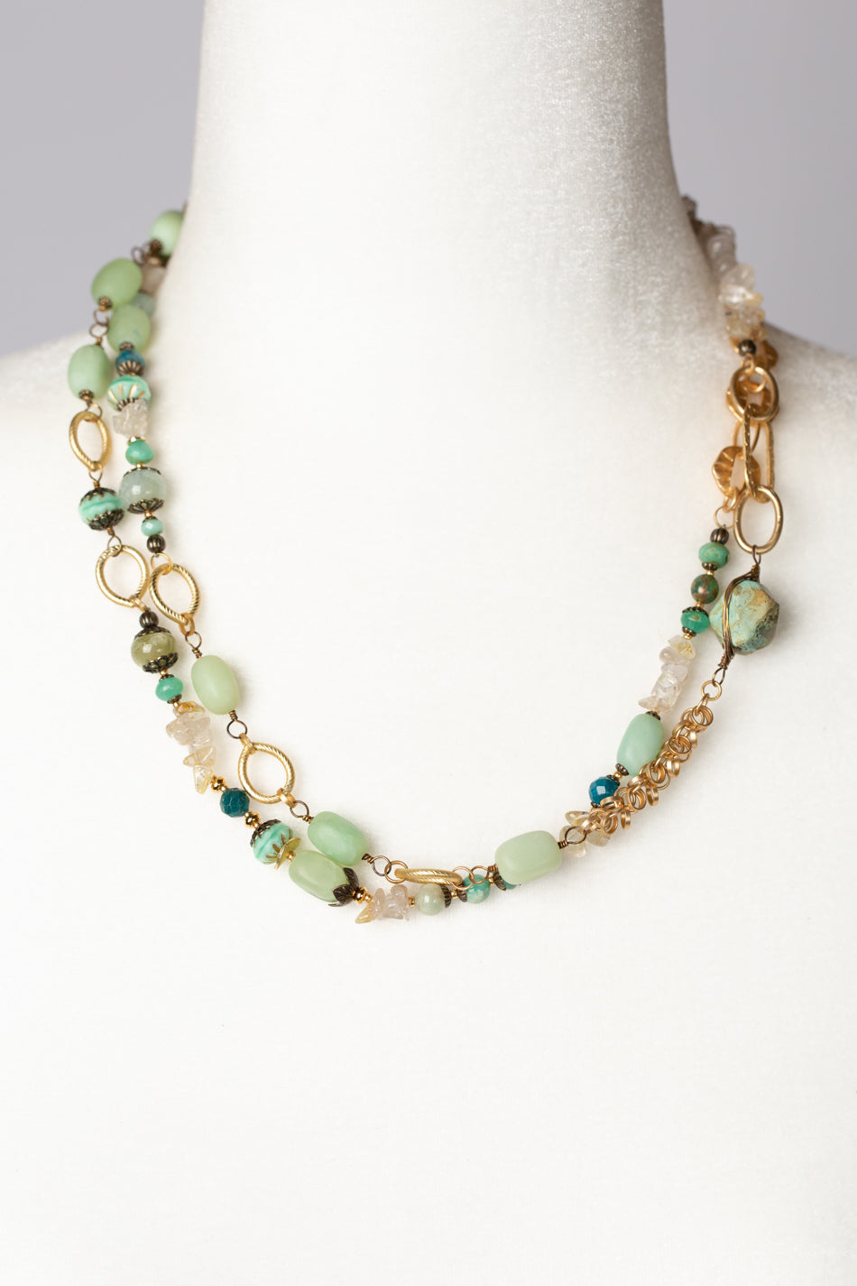 Heron 43.25-45.25" Neon Apatite, Chrysoprase, Golden Rutilated Quartz Collage Necklace