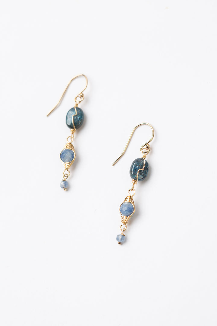 Ripple Kyanite, Gold Herringbone Earrings