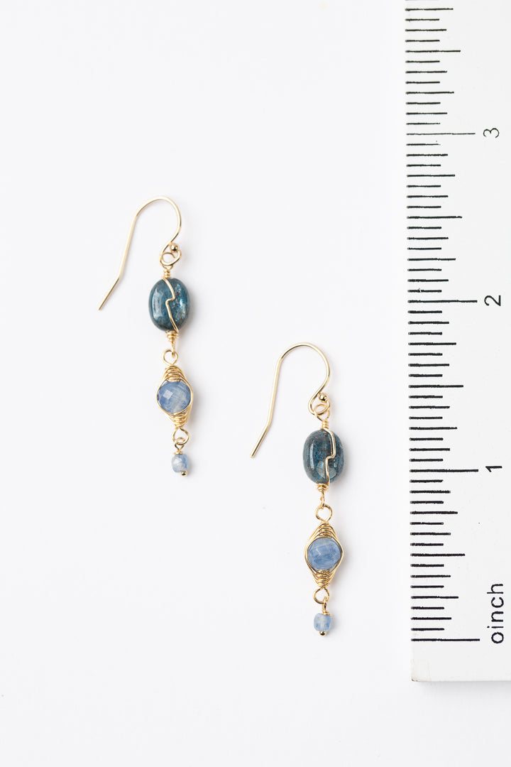 Ripple Kyanite, Gold Herringbone Earrings