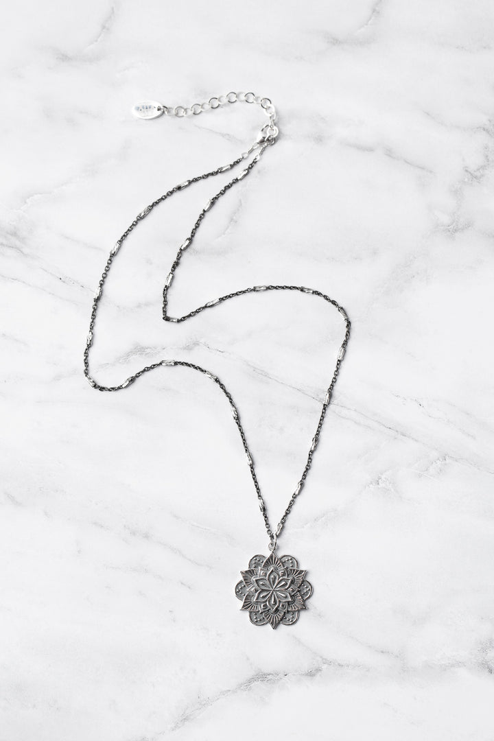 Sentiment 17.25-19.25" Oxidized Sterling Silver Chain with Sterling Silver Mandala Simple Necklace